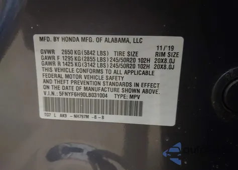 2020 Honda Pilot Awd Touring 8 Passenger from USA, damaged, VIN 5FNYF6H90LB031004